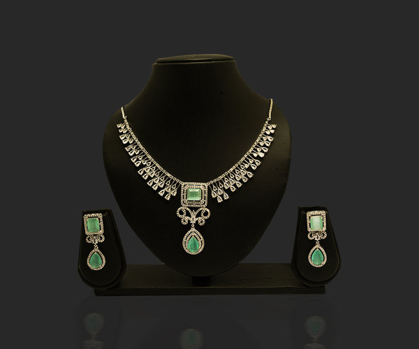 Green American Diamond Zircon Embellished Drop Pattern Necklace Set