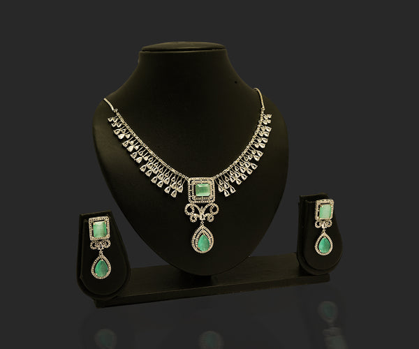 Green American Diamond Zircon Embellished Drop Pattern Necklace Set